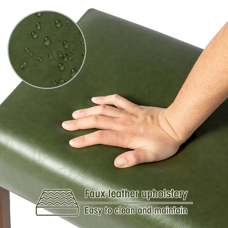 Banc de milieu de siècle en cuir synthétique vert avec pieds en bois d'hévéa pour 1 personne