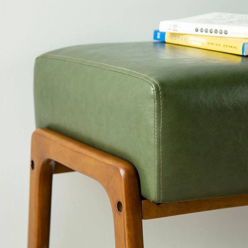 Banc de milieu de siècle en cuir synthétique vert avec pieds en bois d'hévéa pour 1 personne