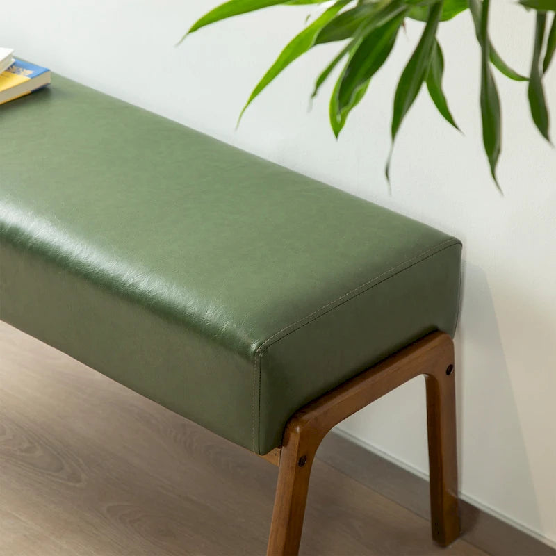 Banc de milieu de siècle en cuir synthétique vert avec pieds en bois d'hévéa pour 1 personne