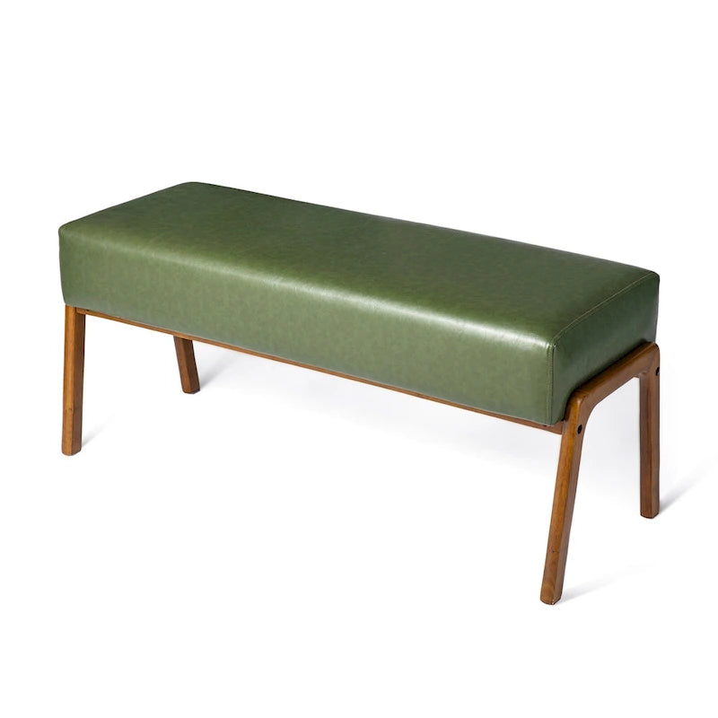 Banc de milieu de siècle en cuir synthétique vert avec pieds en bois d'hévéa pour 1 personne