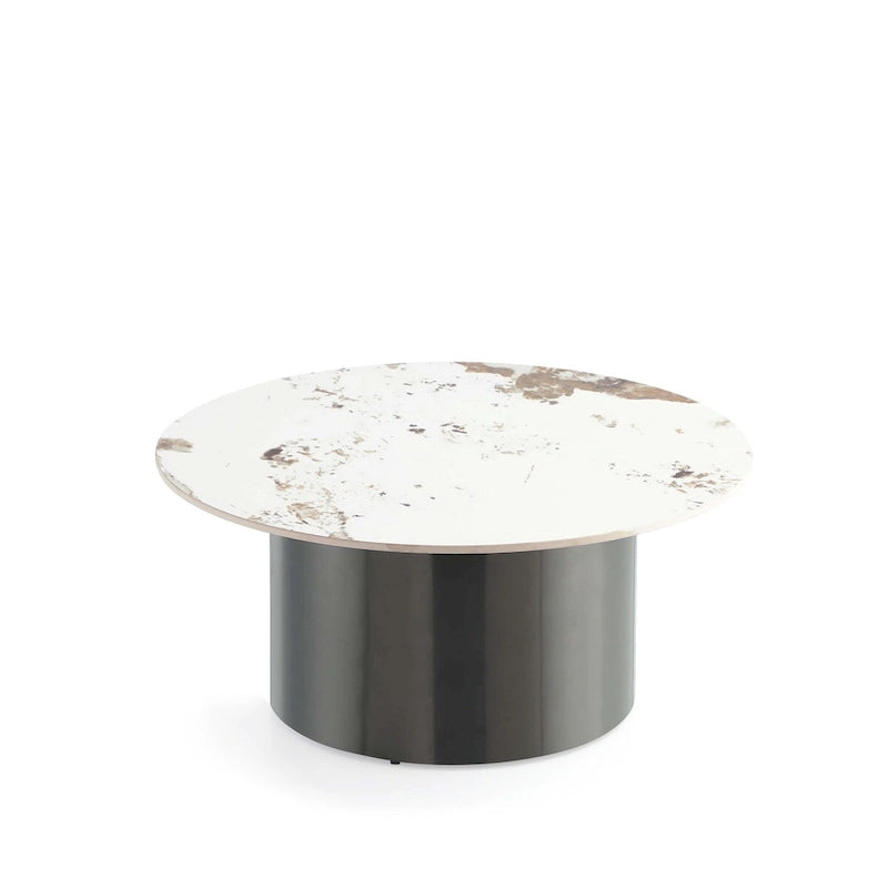Table Basse Ronde – Noire, Plateau en Pierre Frittée Moderne et Base en Acier Inoxydable, Un Utilisateur