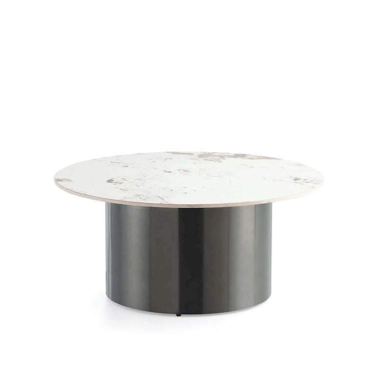 Table Basse Ronde – Noire, Plateau en Pierre Frittée Moderne et Base en Acier Inoxydable, Un Utilisateur