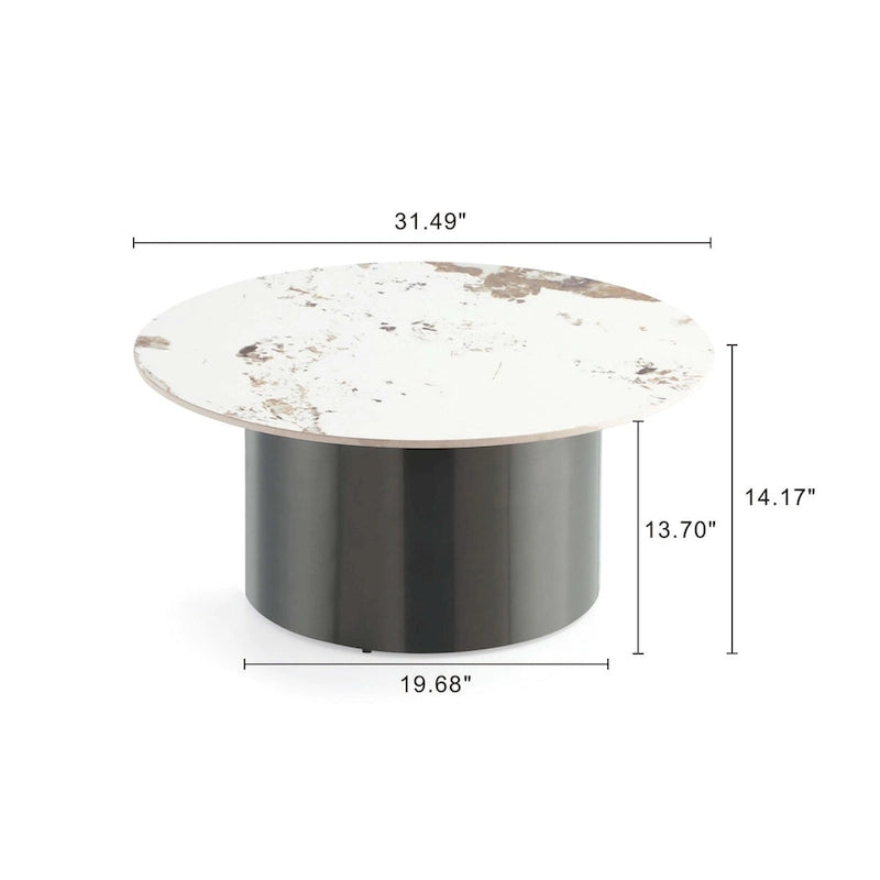 Table Basse Ronde – Noire, Plateau en Pierre Frittée Moderne et Base en Acier Inoxydable, Un Utilisateur