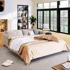 Canapé-lit rétractable rétro en tissu beige/gris avec matelas pliable pour 2 personnes