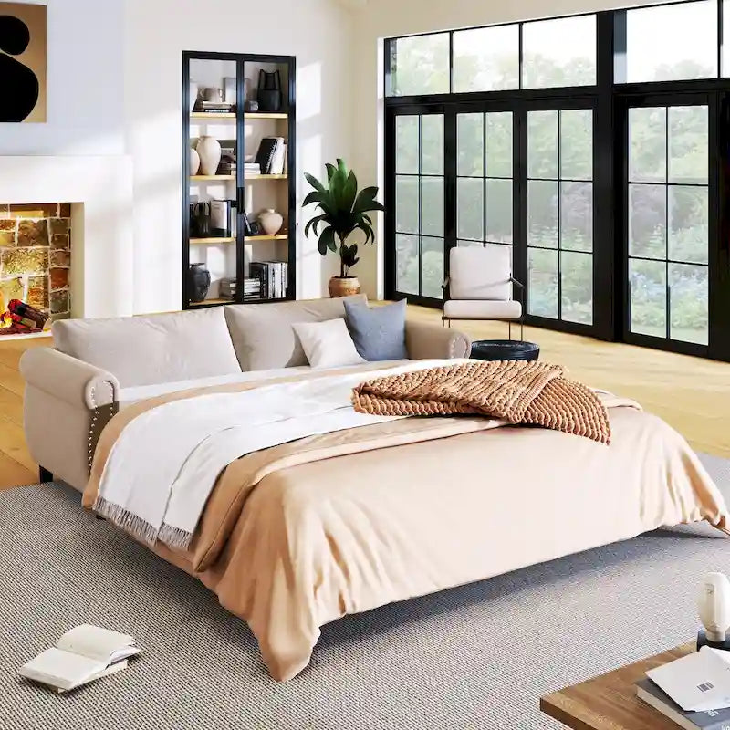 Canapé-lit rétractable rétro en tissu beige/gris avec matelas pliable pour 2 personnes