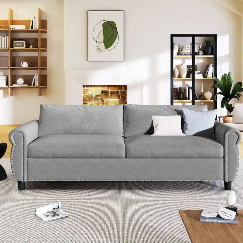 Canapé-lit rétractable rétro en tissu beige/gris avec matelas pliable pour 2 personnes