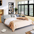 Canapé-lit rétractable rétro en tissu beige/gris avec matelas pliable pour 2 personnes