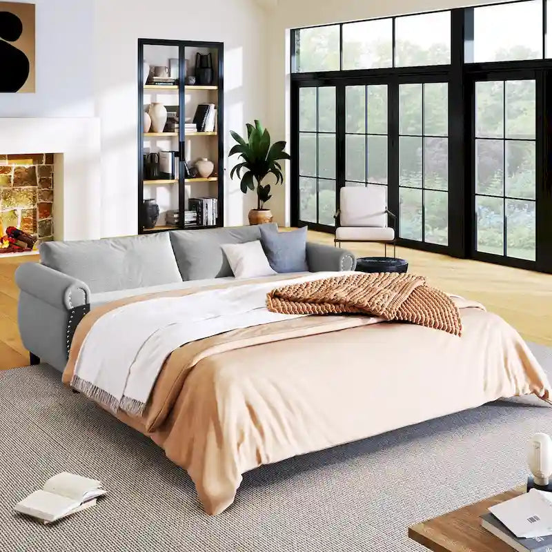 Canapé-lit rétractable rétro en tissu beige/gris avec matelas pliable pour 2 personnes