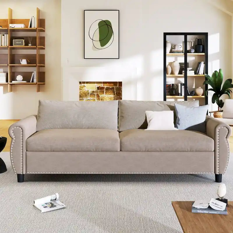 Canapé-lit rétractable rétro en tissu beige/gris avec matelas pliable pour 2 personnes