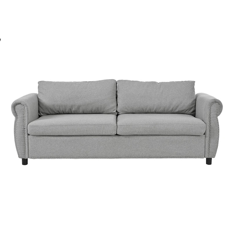 Canapé-lit rétractable rétro en tissu beige/gris avec matelas pliable pour 2 personnes