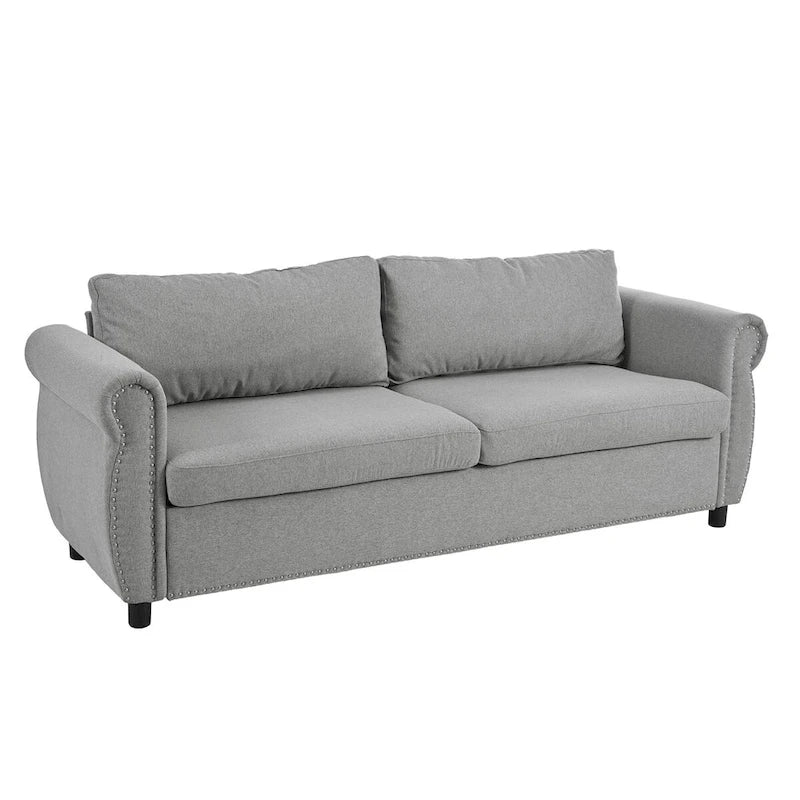 Canapé-lit rétractable rétro en tissu beige/gris avec matelas pliable pour 2 personnes