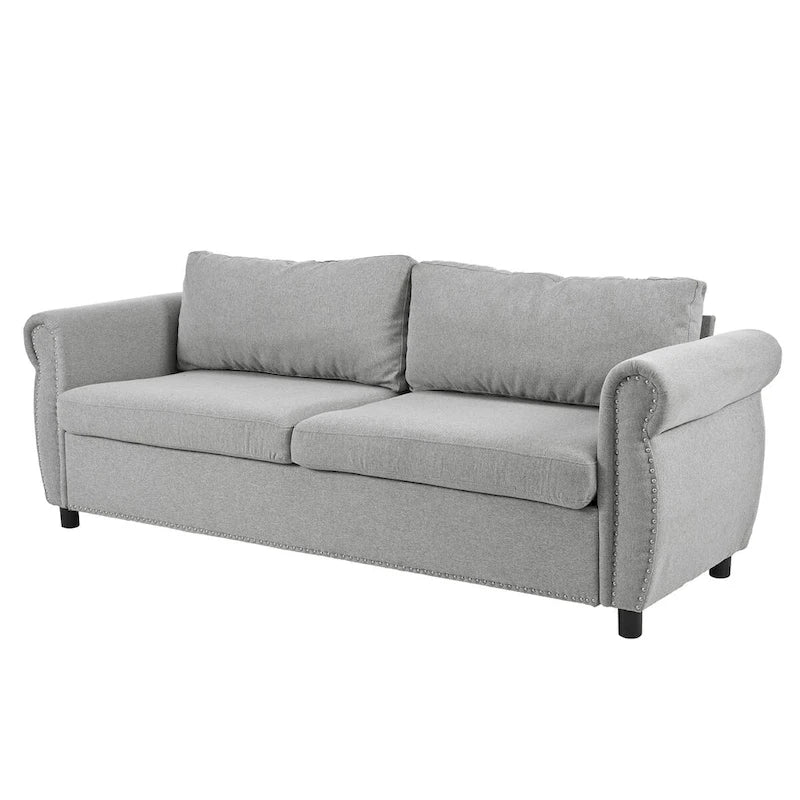 Canapé-lit rétractable rétro en tissu beige/gris avec matelas pliable pour 2 personnes