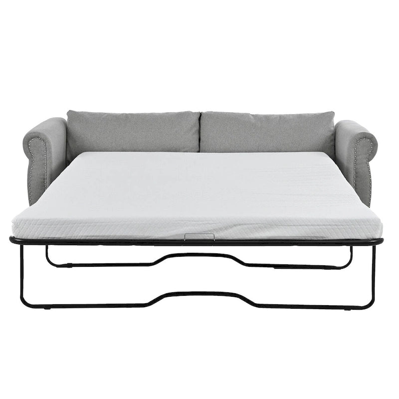 Canapé-lit rétractable rétro en tissu beige/gris avec matelas pliable pour 2 personnes