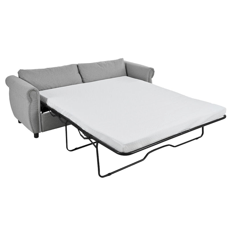 Canapé-lit rétractable rétro en tissu beige/gris avec matelas pliable pour 2 personnes
