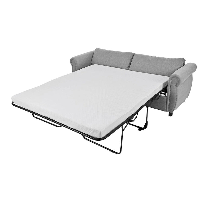 Canapé-lit rétractable rétro en tissu beige/gris avec matelas pliable pour 2 personnes