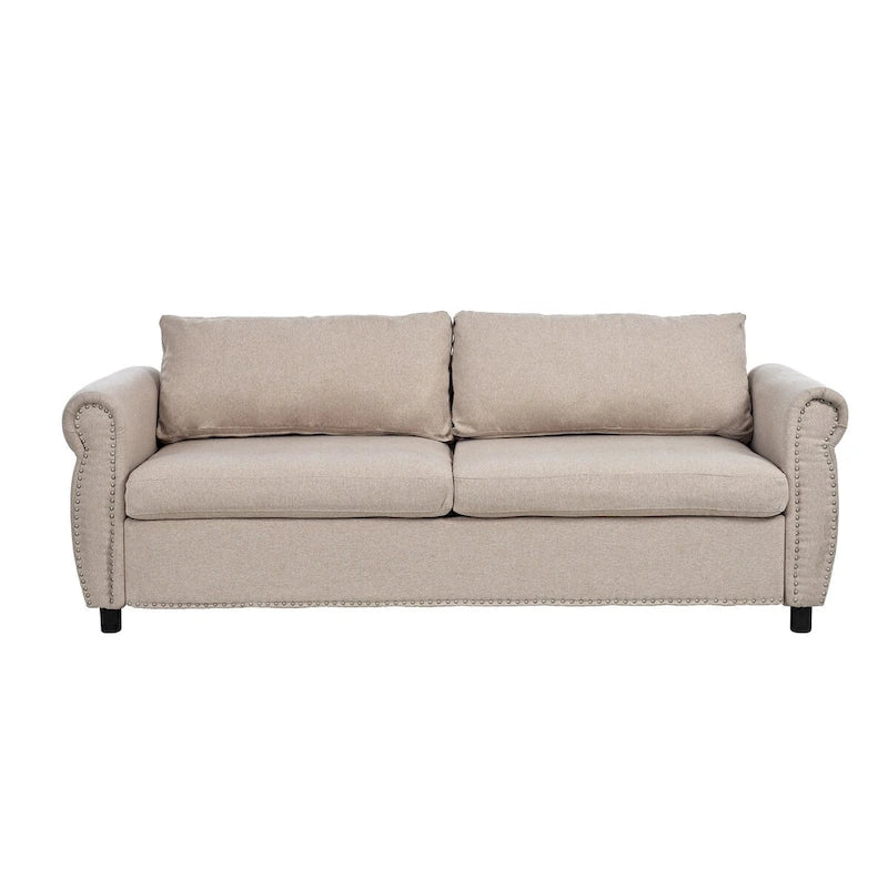 Canapé-lit rétractable rétro en tissu beige/gris avec matelas pliable pour 2 personnes
