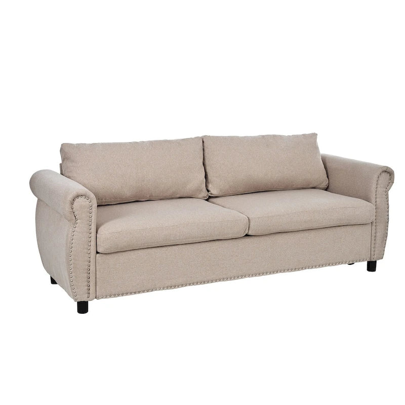 Canapé-lit rétractable rétro en tissu beige/gris avec matelas pliable pour 2 personnes