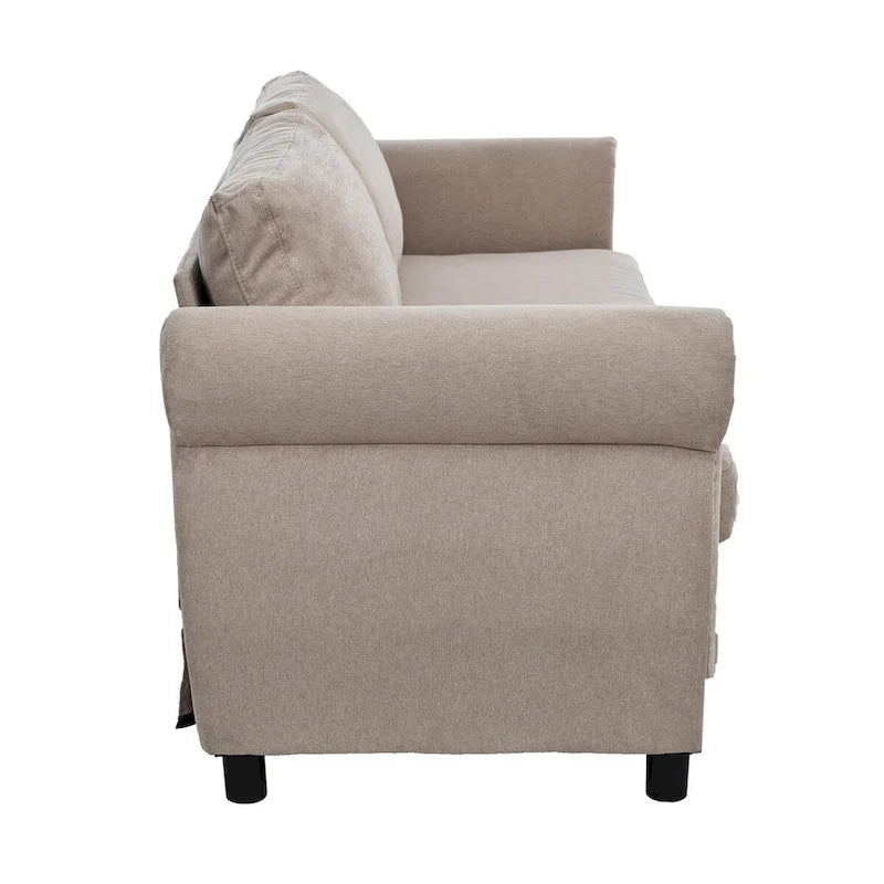 Canapé-lit rétractable rétro en tissu beige/gris avec matelas pliable pour 2 personnes