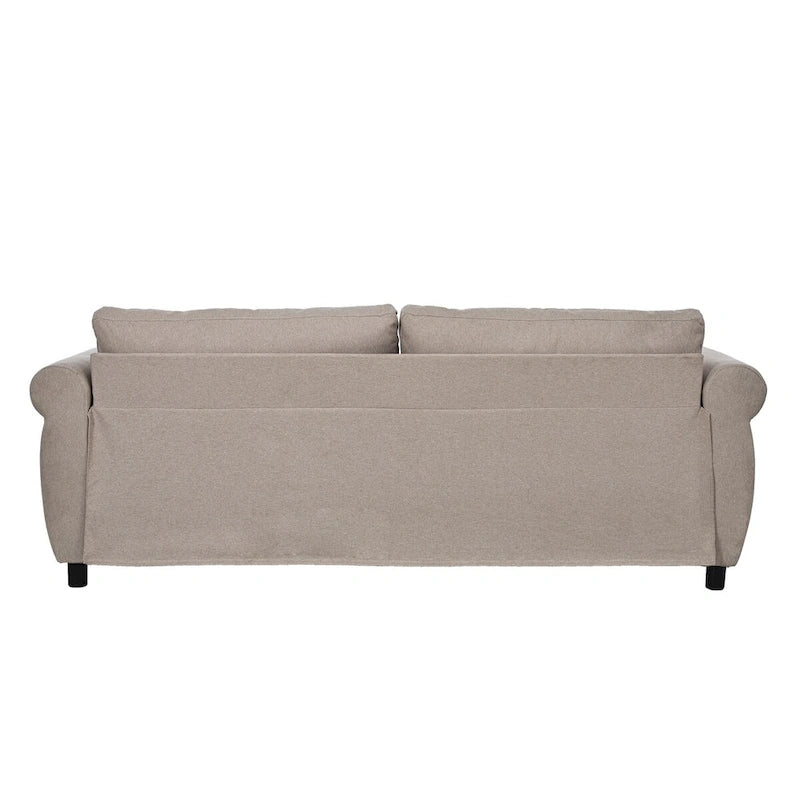 Canapé-lit rétractable rétro en tissu beige/gris avec matelas pliable pour 2 personnes
