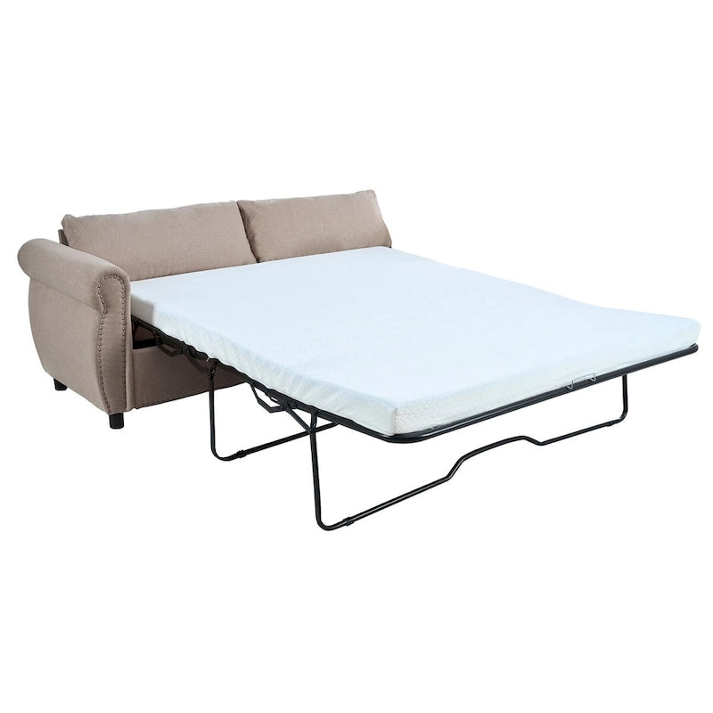 Canapé-lit rétractable rétro en tissu beige/gris avec matelas pliable pour 2 personnes