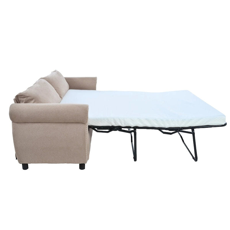 Canapé-lit rétractable rétro en tissu beige/gris avec matelas pliable pour 2 personnes