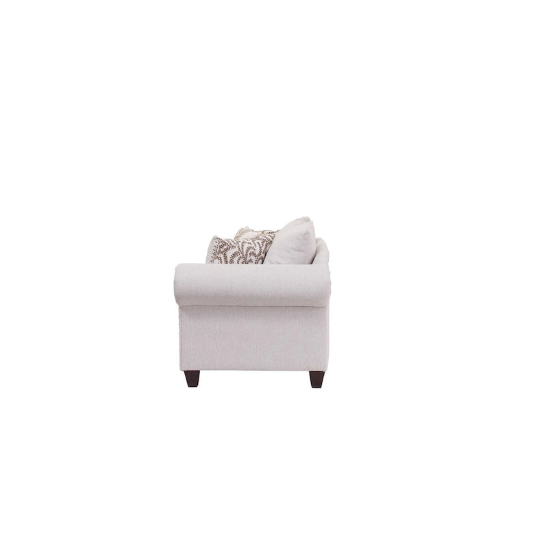 Causeuse en Lin avec Garniture Cloutée et Accoudoirs Ronds – Blanc Cassé, Tissage de Lin Traditionnel et Coussins Réversibles, 2 Places