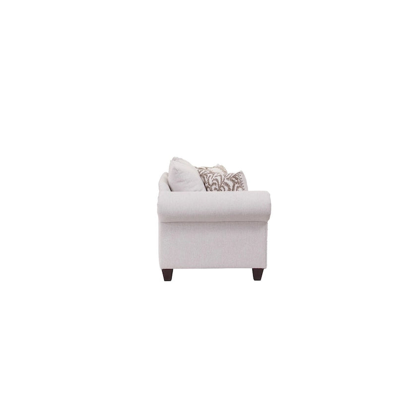 Causeuse en Lin avec Garniture Cloutée et Accoudoirs Ronds – Blanc Cassé, Tissage de Lin Traditionnel et Coussins Réversibles, 2 Places
