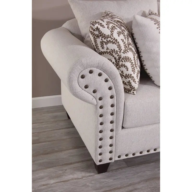 Causeuse en Lin avec Garniture Cloutée et Accoudoirs Ronds – Blanc Cassé, Tissage de Lin Traditionnel et Coussins Réversibles, 2 Places