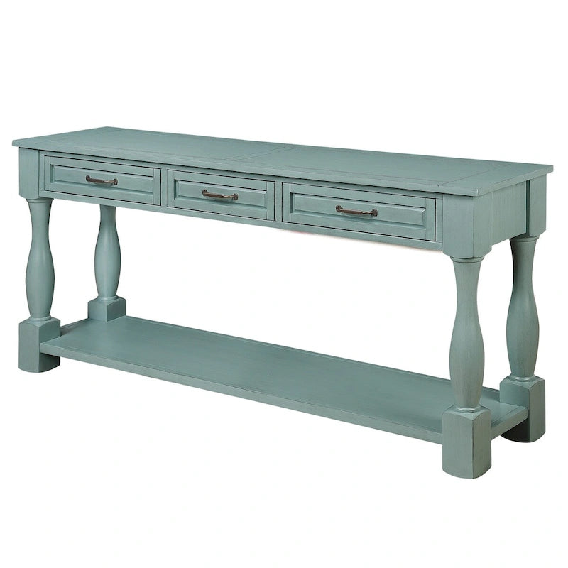 Console avec 3 tiroirs et une étagère – Bleu rétro / Bleu marine / Blanc antique / Marron / Espresso, Bois massif mi-siècle, 1-2 utilisateurs