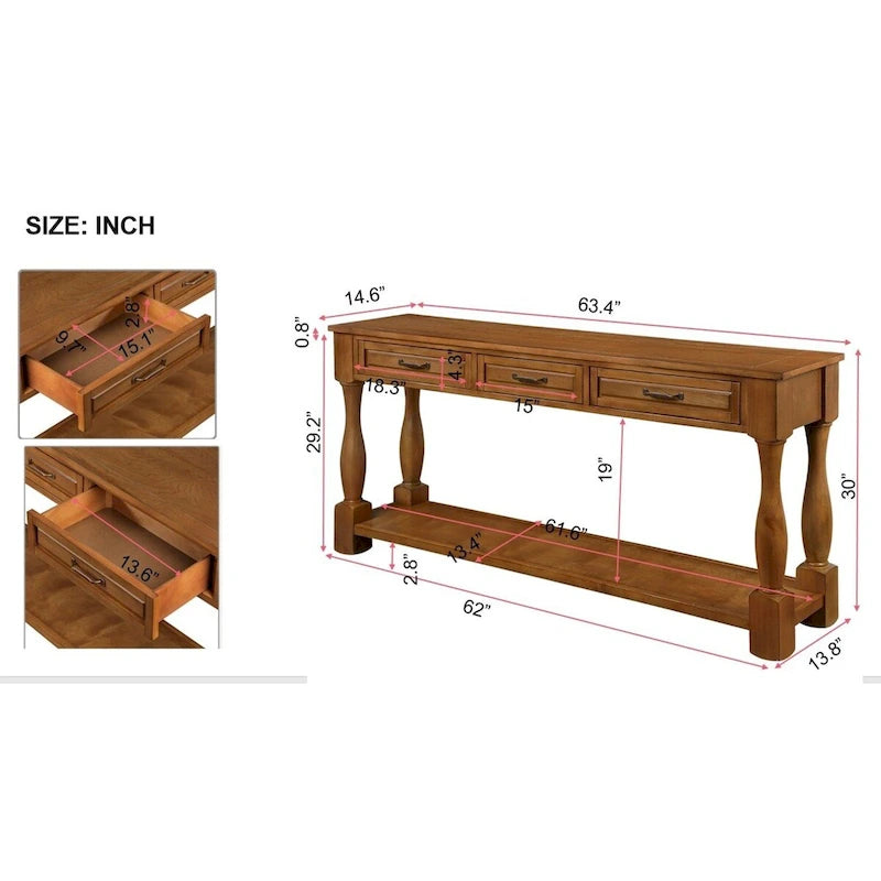 Console avec 3 tiroirs et une étagère – Bleu rétro / Bleu marine / Blanc antique / Marron / Espresso, Bois massif mi-siècle, 1-2 utilisateurs