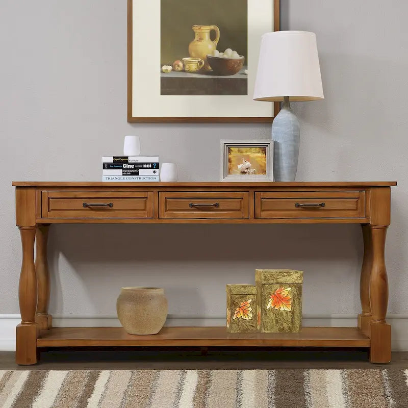 Console avec 3 tiroirs et une étagère – Bleu rétro / Bleu marine / Blanc antique / Marron / Espresso, Bois massif mi-siècle, 1-2 utilisateurs
