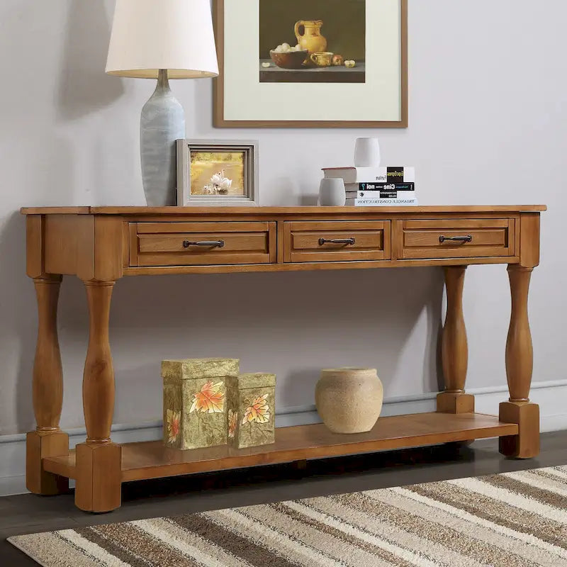 Console avec 3 tiroirs et une étagère – Bleu rétro / Bleu marine / Blanc antique / Marron / Espresso, Bois massif mi-siècle, 1-2 utilisateurs