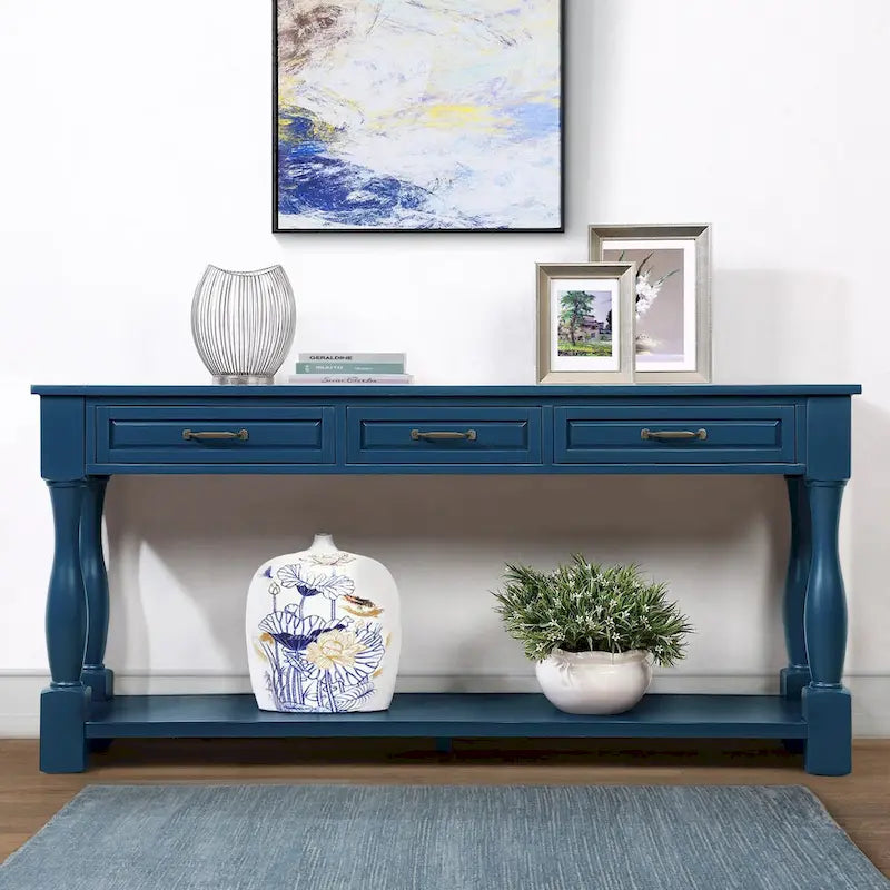 Console avec 3 tiroirs et une étagère – Bleu rétro / Bleu marine / Blanc antique / Marron / Espresso, Bois massif mi-siècle, 1-2 utilisateurs