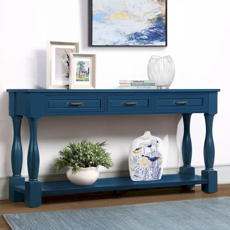 Console avec 3 tiroirs et une étagère – Bleu rétro / Bleu marine / Blanc antique / Marron / Espresso, Bois massif mi-siècle, 1-2 utilisateurs