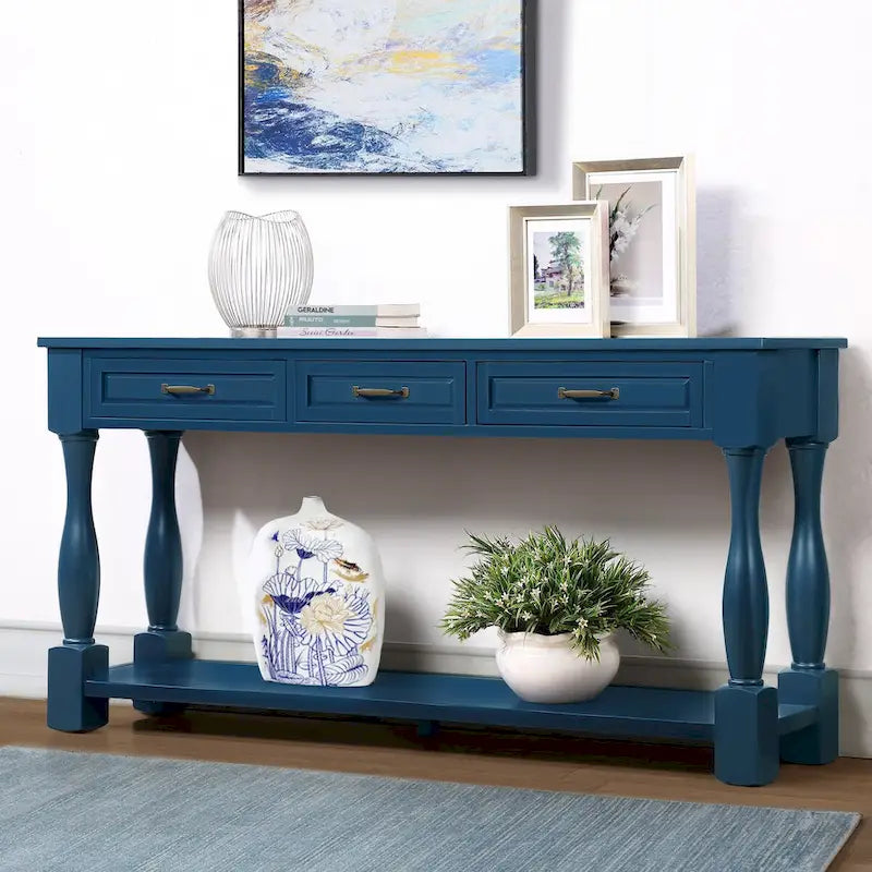 Console avec 3 tiroirs et une étagère – Bleu rétro / Bleu marine / Blanc antique / Marron / Espresso, Bois massif mi-siècle, 1-2 utilisateurs