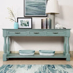Console avec 3 tiroirs et une étagère – Bleu rétro / Bleu marine / Blanc antique / Marron / Espresso, Bois massif mi-siècle, 1-2 utilisateurs