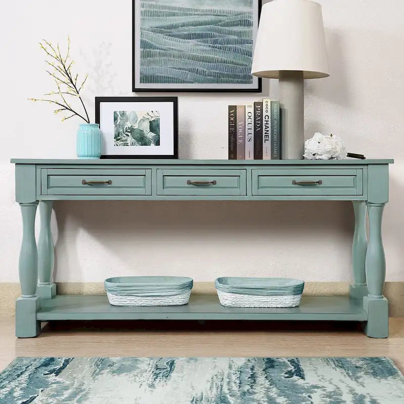 Console avec 3 tiroirs et une étagère – Bleu rétro / Bleu marine / Blanc antique / Marron / Espresso, Bois massif mi-siècle, 1-2 utilisateurs