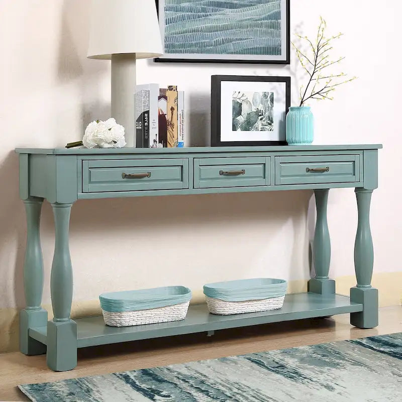 Console avec 3 tiroirs et une étagère – Bleu rétro / Bleu marine / Blanc antique / Marron / Espresso, Bois massif mi-siècle, 1-2 utilisateurs
