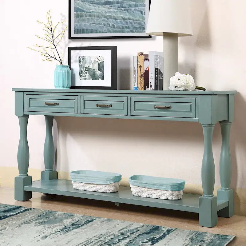 Console avec 3 tiroirs et une étagère – Bleu rétro / Bleu marine / Blanc antique / Marron / Espresso, Bois massif mi-siècle, 1-2 utilisateurs