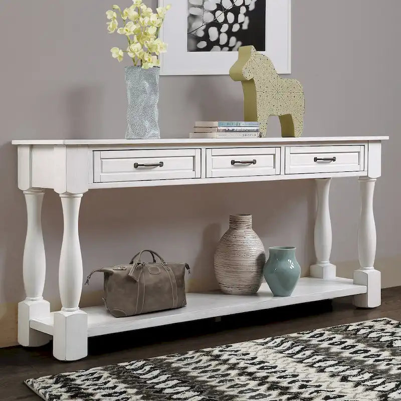Console avec 3 tiroirs et une étagère – Bleu rétro / Bleu marine / Blanc antique / Marron / Espresso, Bois massif mi-siècle, 1-2 utilisateurs