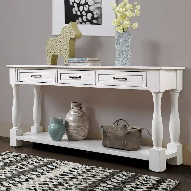 Console avec 3 tiroirs et une étagère – Bleu rétro / Bleu marine / Blanc antique / Marron / Espresso, Bois massif mi-siècle, 1-2 utilisateurs