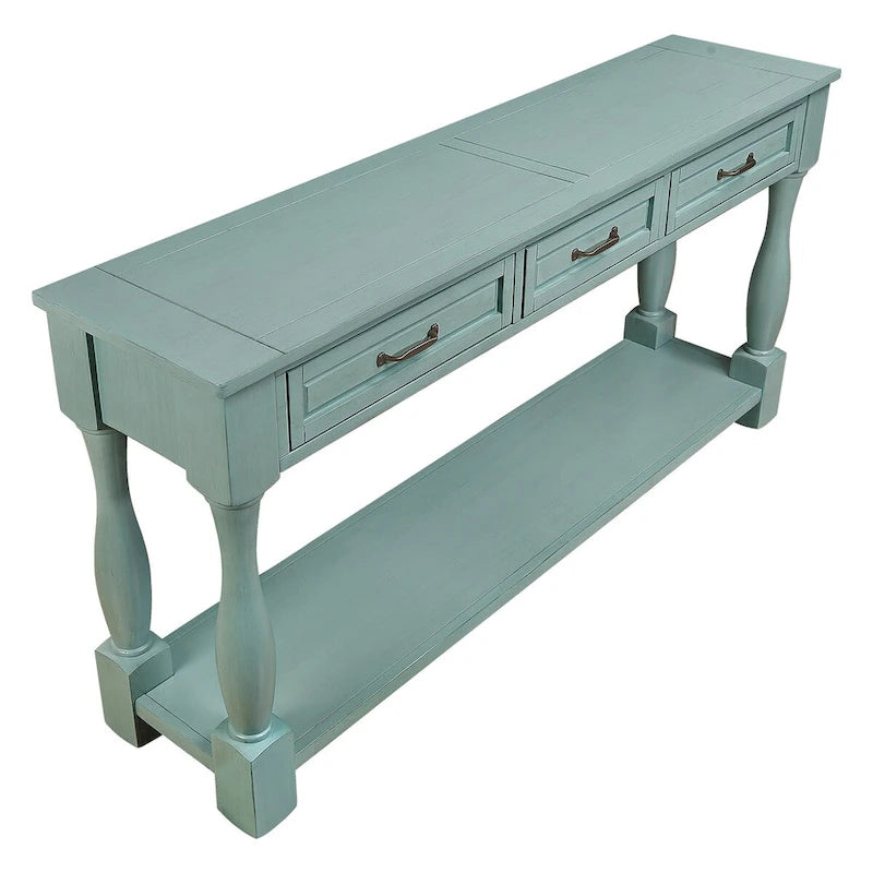 Console avec 3 tiroirs et une étagère – Bleu rétro / Bleu marine / Blanc antique / Marron / Espresso, Bois massif mi-siècle, 1-2 utilisateurs