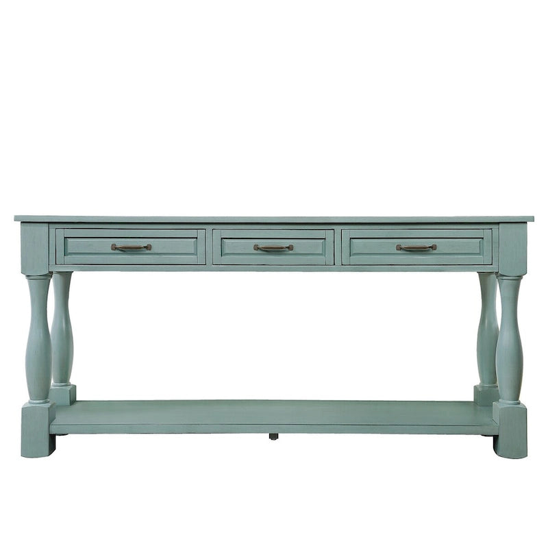 Console avec 3 tiroirs et une étagère – Bleu rétro / Bleu marine / Blanc antique / Marron / Espresso, Bois massif mi-siècle, 1-2 utilisateurs