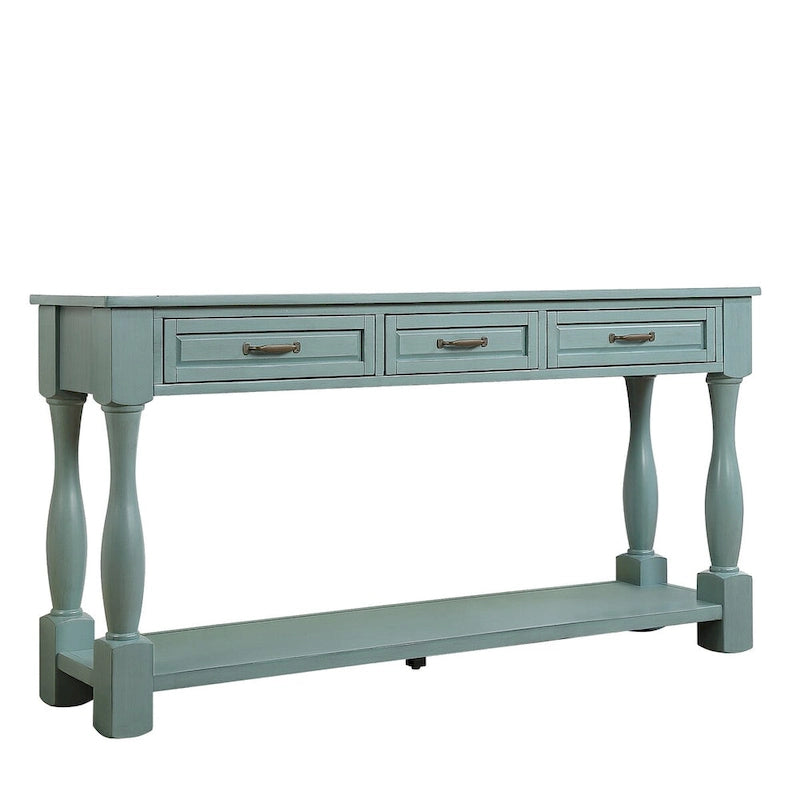 Console avec 3 tiroirs et une étagère – Bleu rétro / Bleu marine / Blanc antique / Marron / Espresso, Bois massif mi-siècle, 1-2 utilisateurs