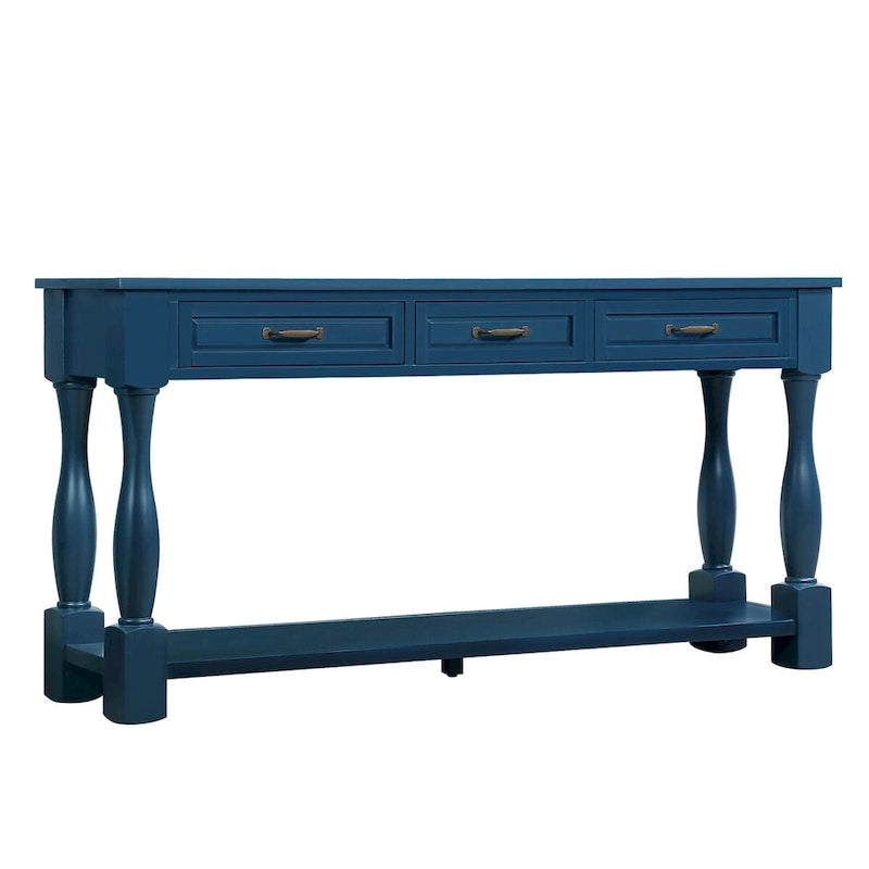 Console avec 3 tiroirs et une étagère – Bleu rétro / Bleu marine / Blanc antique / Marron / Espresso, Bois massif mi-siècle, 1-2 utilisateurs