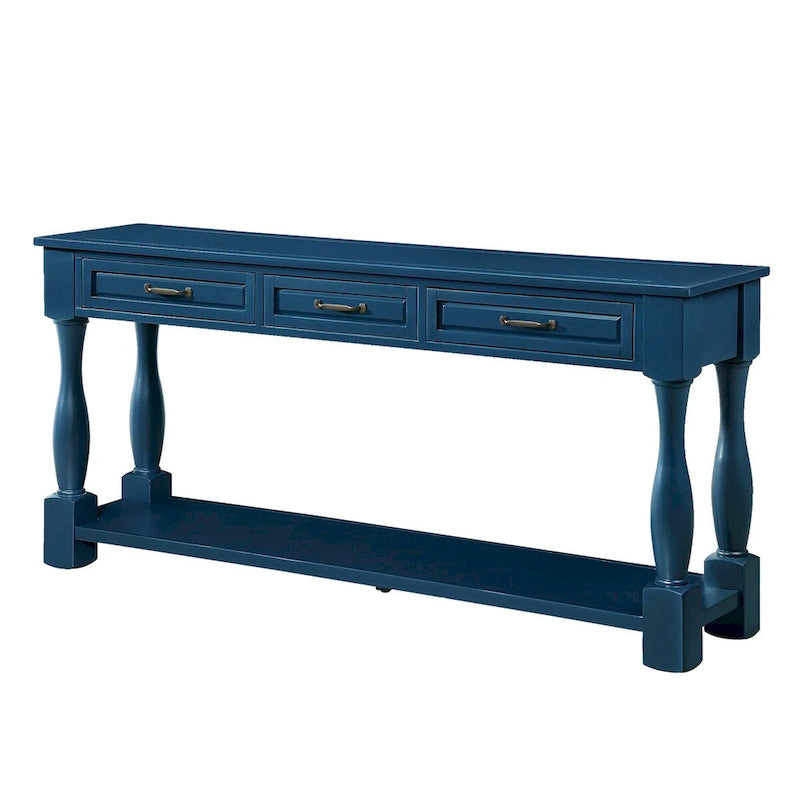 Console avec 3 tiroirs et une étagère – Bleu rétro / Bleu marine / Blanc antique / Marron / Espresso, Bois massif mi-siècle, 1-2 utilisateurs