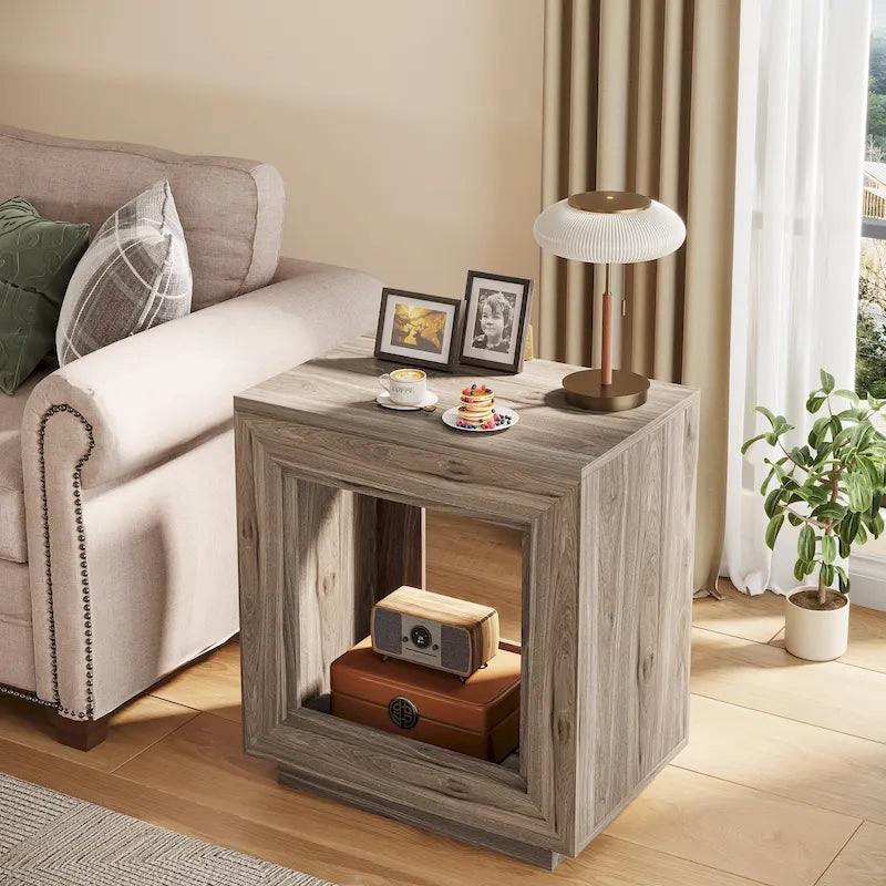Table d'appoint rectangulaire à 2 niveaux – Gris / Naturel / Marron / Noir, MDF de style ferme, utilisateur unique