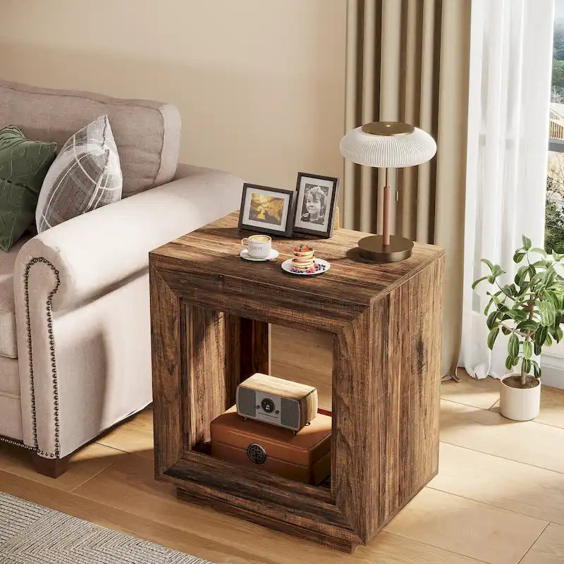 Table d'appoint rectangulaire à 2 niveaux – Gris / Naturel / Marron / Noir, MDF de style ferme, utilisateur unique