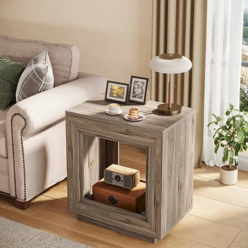 Table d'appoint rectangulaire à 2 niveaux – Gris / Naturel / Marron / Noir, MDF de style ferme, utilisateur unique