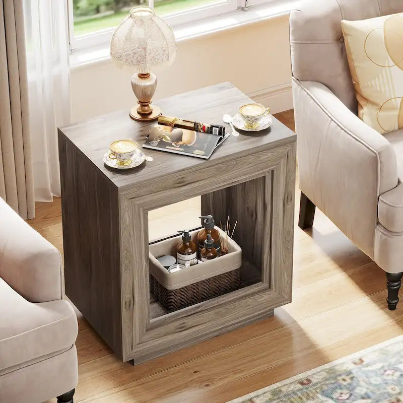 Table d'appoint rectangulaire à 2 niveaux – Gris / Naturel / Marron / Noir, MDF de style ferme, utilisateur unique